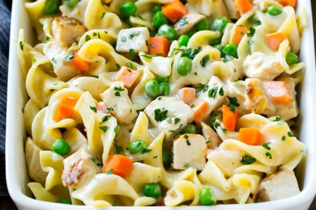 Chicken noodle casserole in a baking dish.