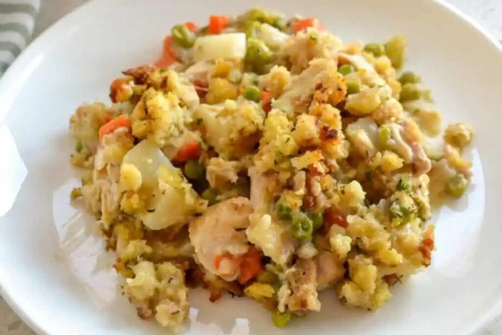 Chicken stuffing casserole served on a plate.