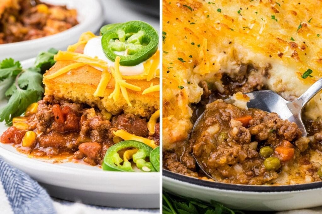 Chili and cornbread casserole on a plate.