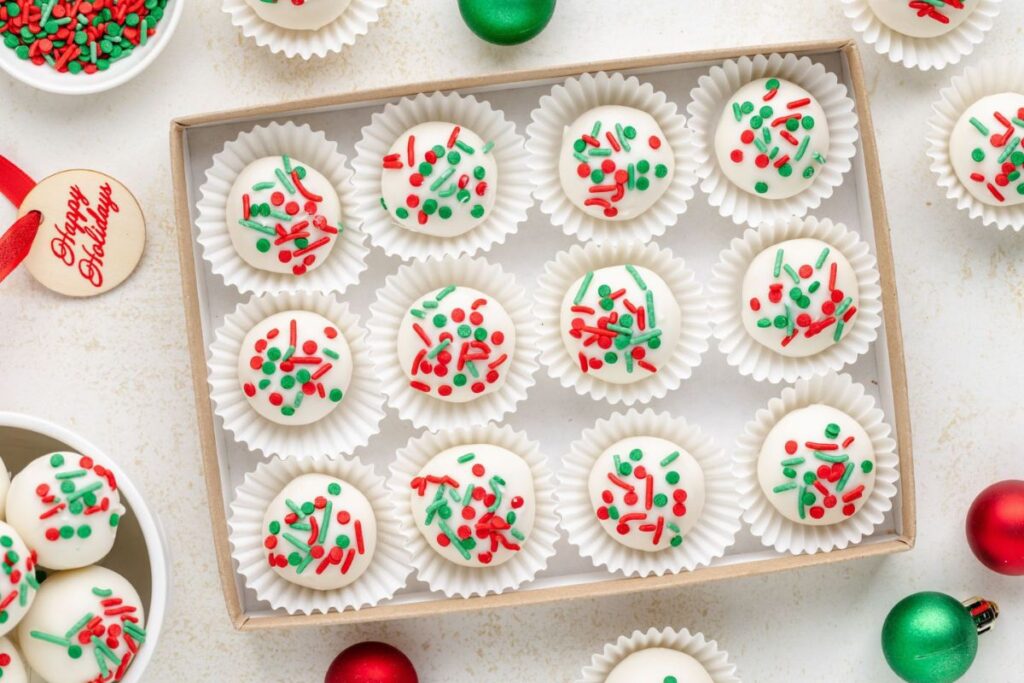 christmas truffles on baking sheet.