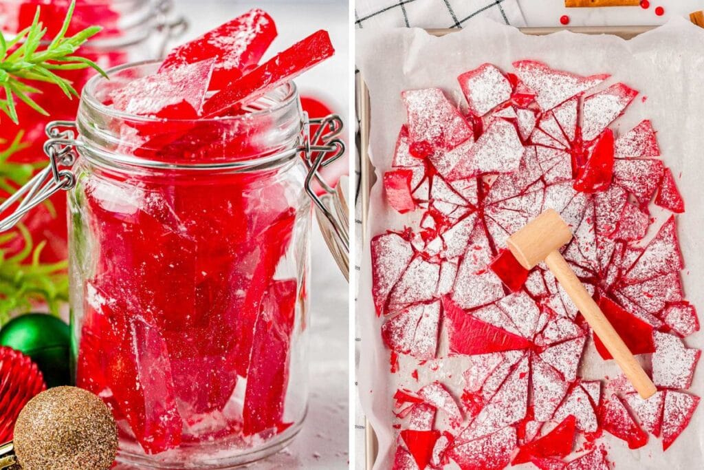 Red cinnamon candy in a gift jar and another picture with cinnamon candy.