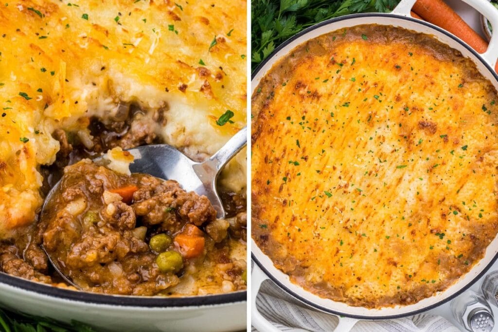 Close-up of cottage pie topped with melted cheese.