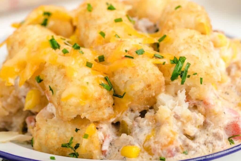 Close-up of cowboy casserole on a white plate.