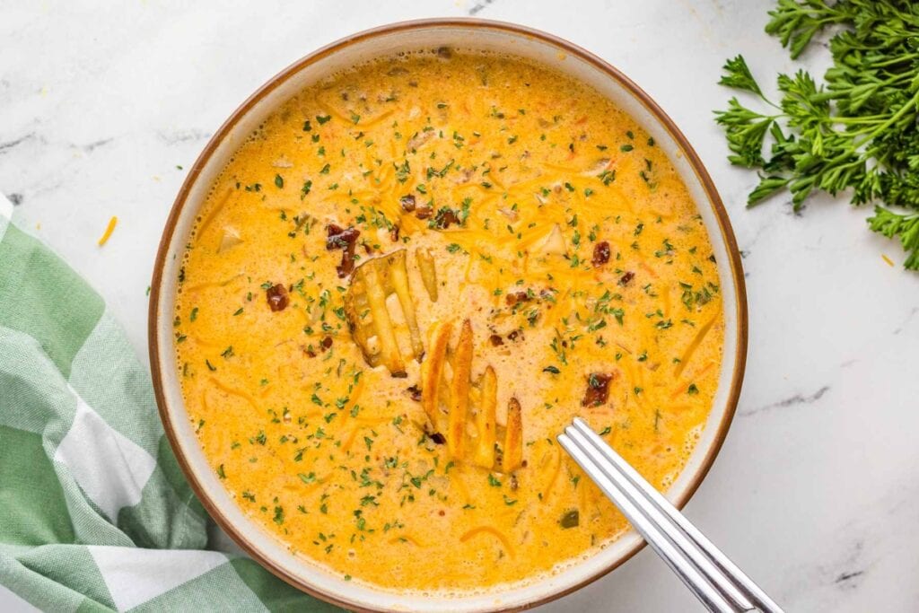Crock Pot cheeseburger soup in a bowl.