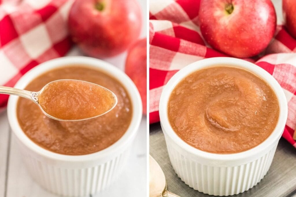 Crockpot applesauce in a white ramekin with a spoonful.