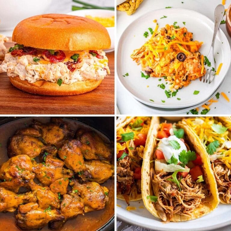 Collage of four crockpot recipes: Crack Chicken, Chicken Enchilada Casserole, Buffalo Ranch Wings, and Chicken Tacos