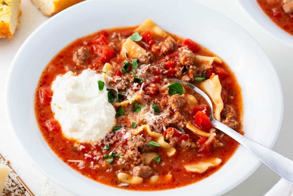 Lasagna soup in a bowl.