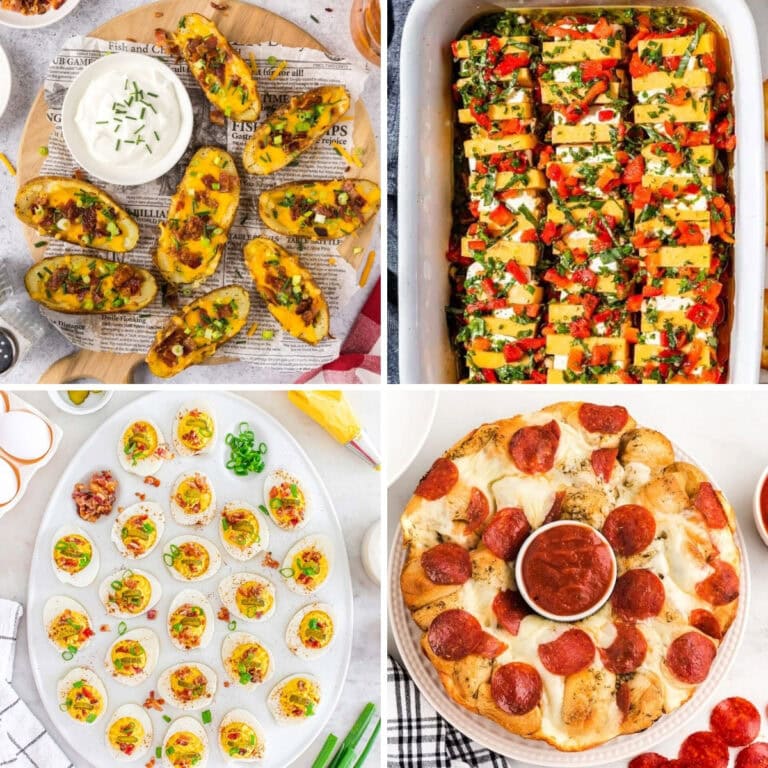 Collage of crowd-pleasing party appetizers.