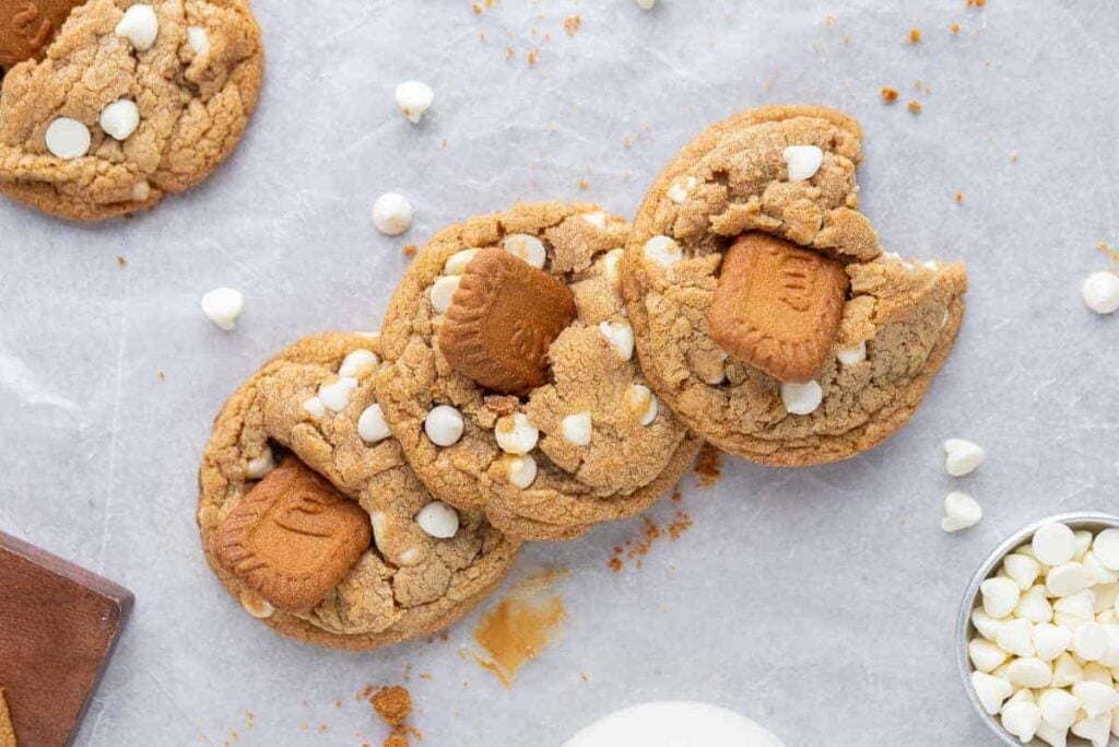 Crumbl biscoff white chip cookies copycat recipe on parchment paper.