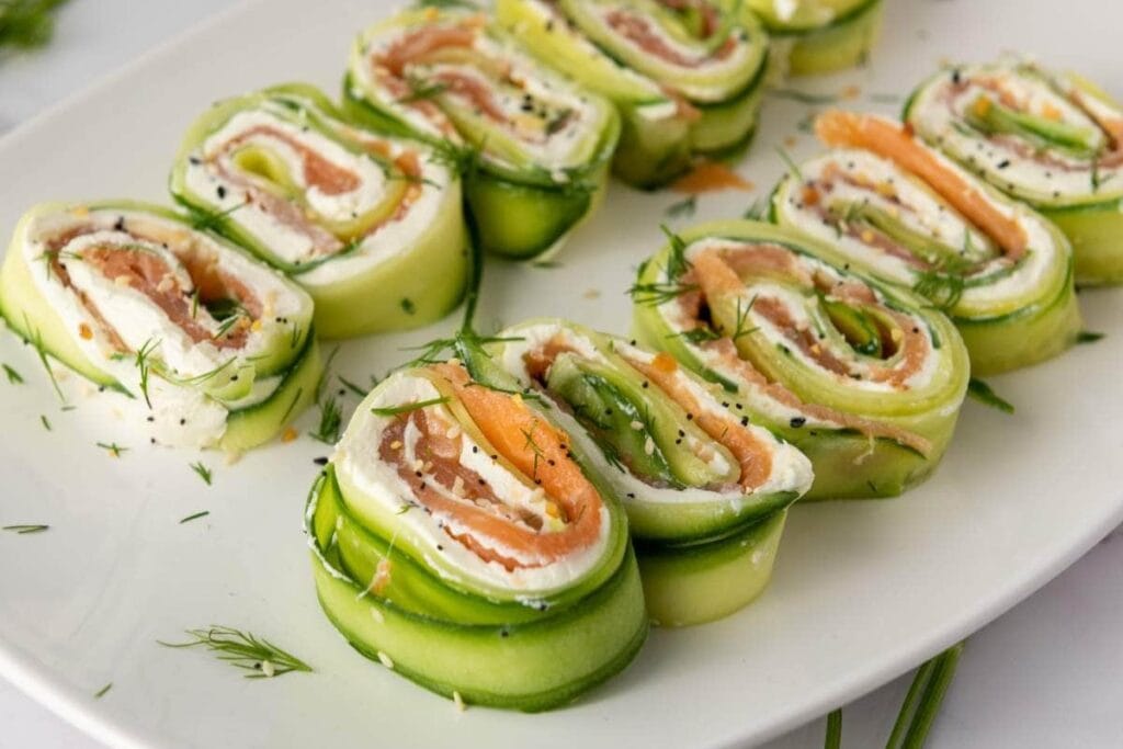 Cucumber pinwheels on a plate.