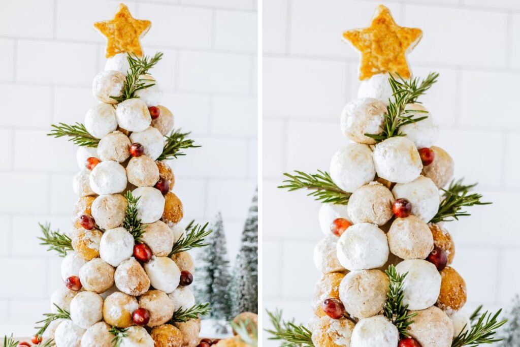 Donut hole christmas tree with garnish.
