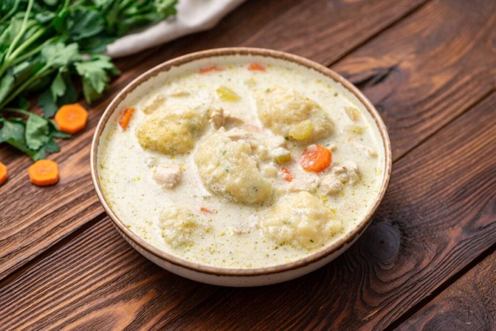 Dutch oven chicken and dumplings served in a bowl.