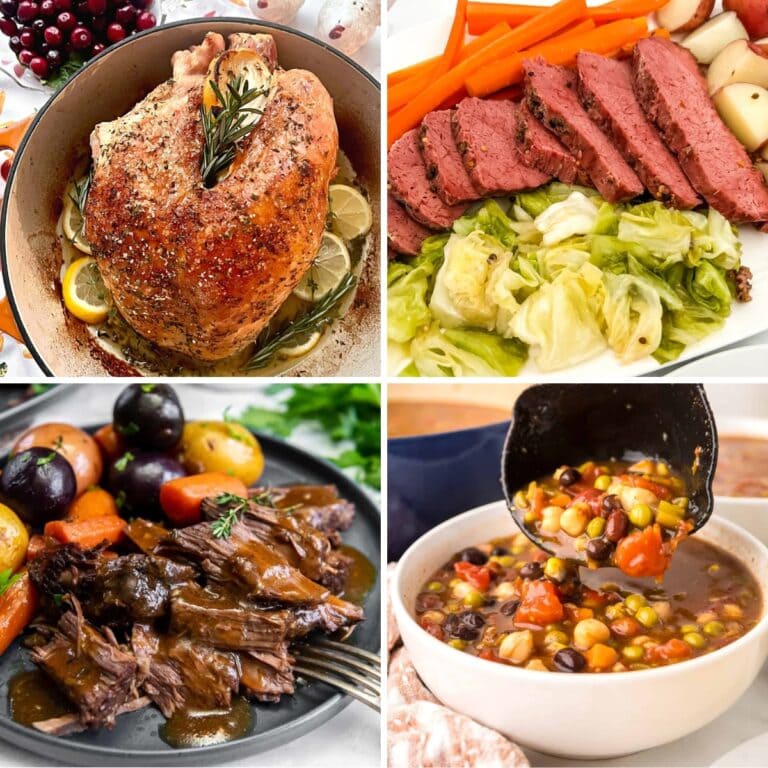 Collage of assorted Dutch oven dinners.