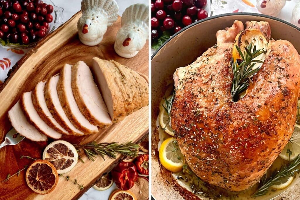 Dutch oven turkey breast sliced and served with herbs.