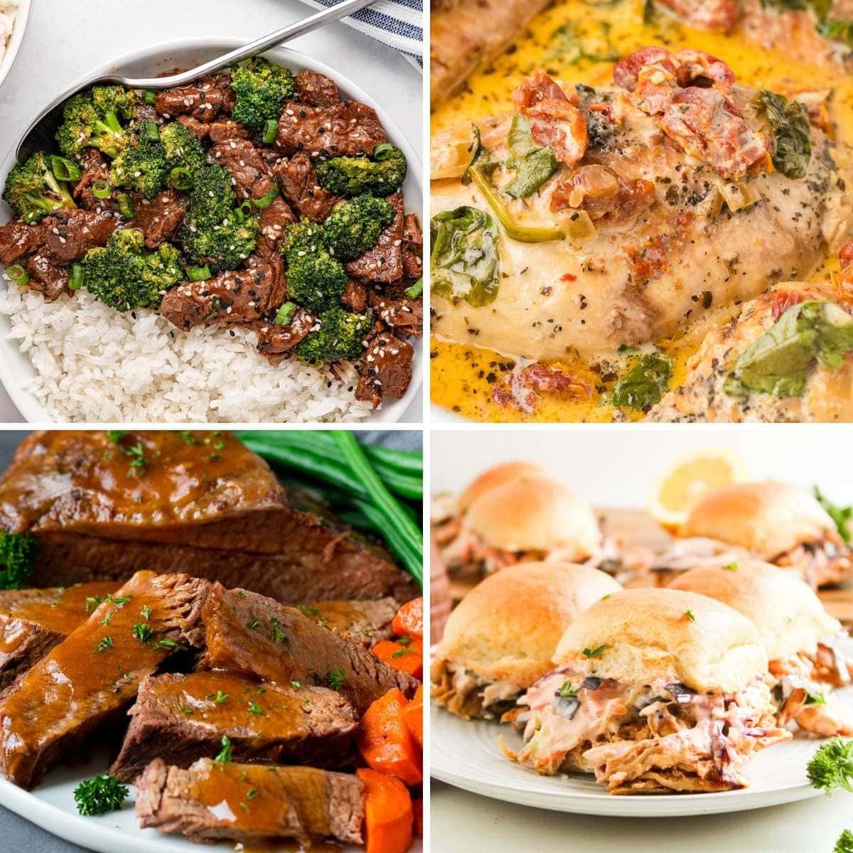 Collage of four crockpot recipes: Beef and Broccoli, Tuscan Chicken, Brisket, and BBQ Chicken Sliders.