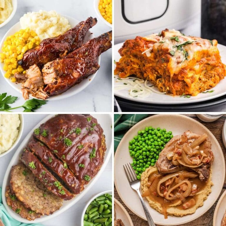 Collage of four crockpot recipes: Pork Ribs, Lasagna, Meatloaf, and Smothered Pork Chop