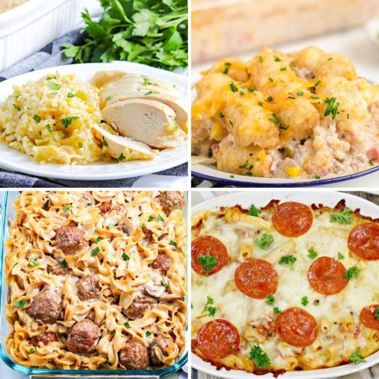 Collage of family dinner casseroles.