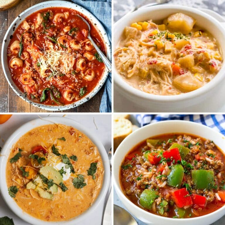 Collage of filling soup recipes for dinner.