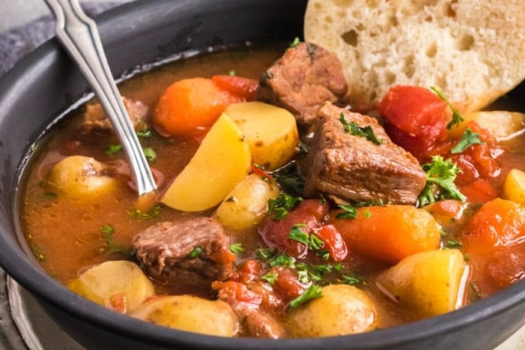 Goulash served in a bowl.