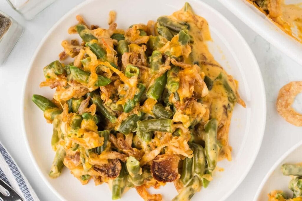 Green bean casserole on a plate.