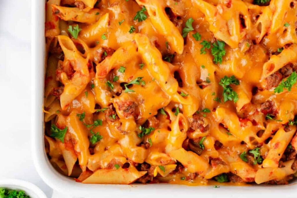 Ground beef casserole in a baking dish.