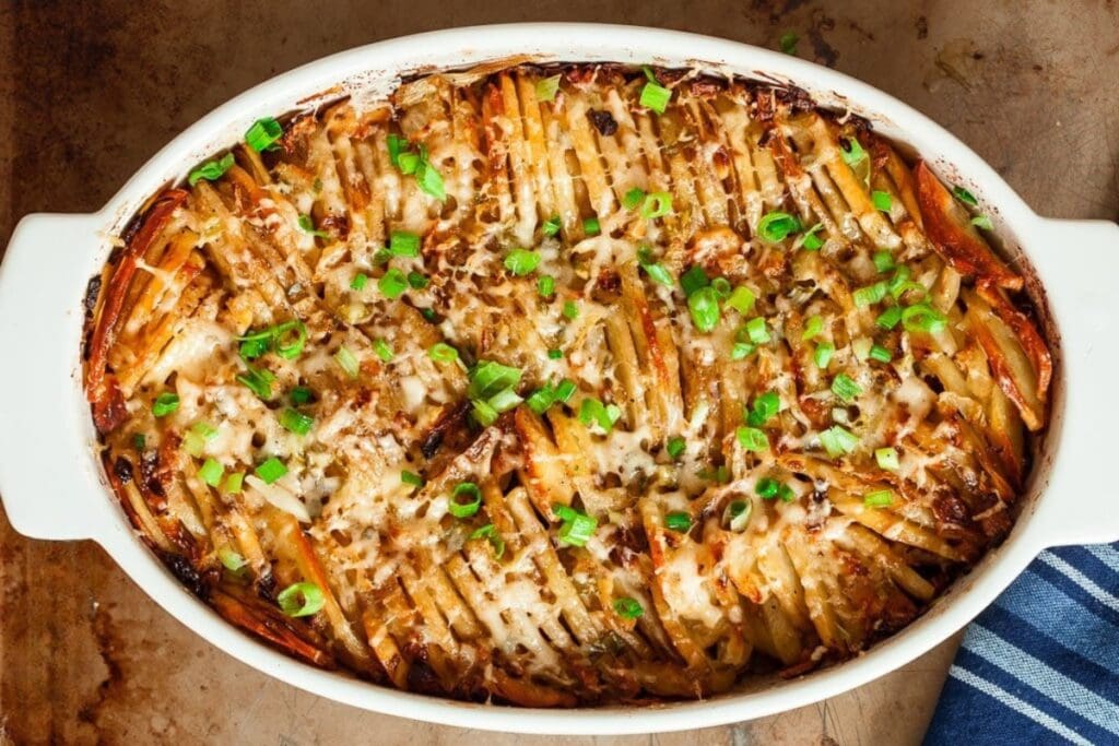 Hasselback potato casserole in a baking dish.