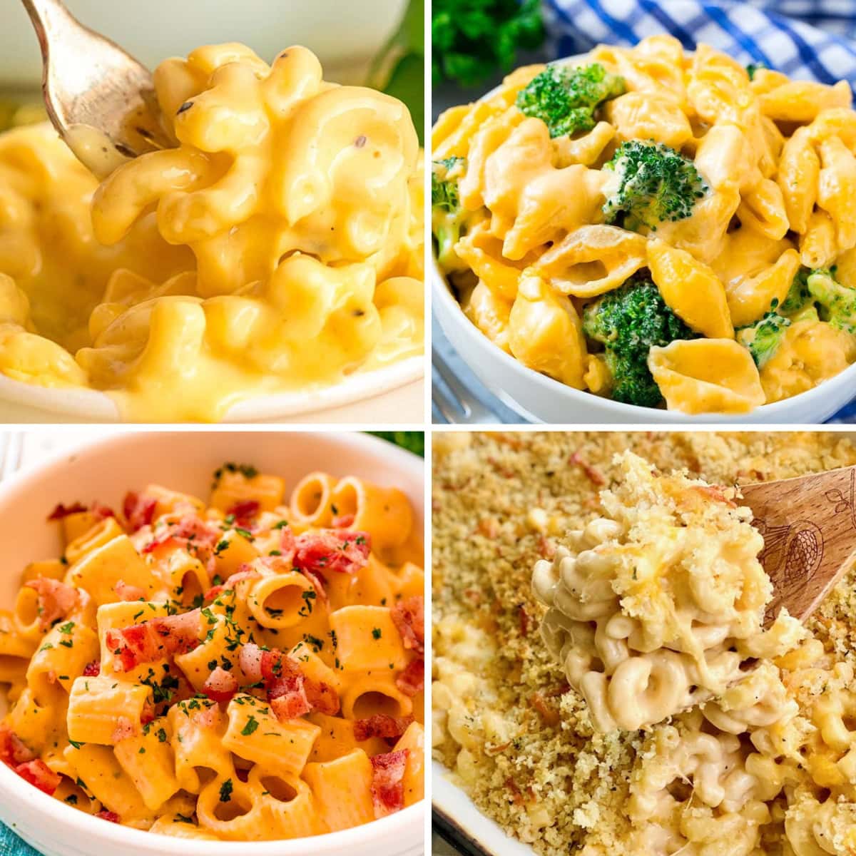 Collage of various homemade mac and cheese recipes.