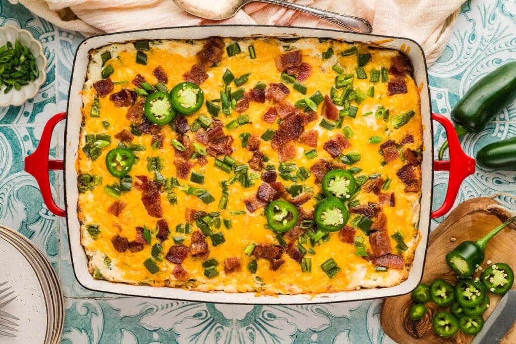 Jalapeño popper casserole in a baking dish.