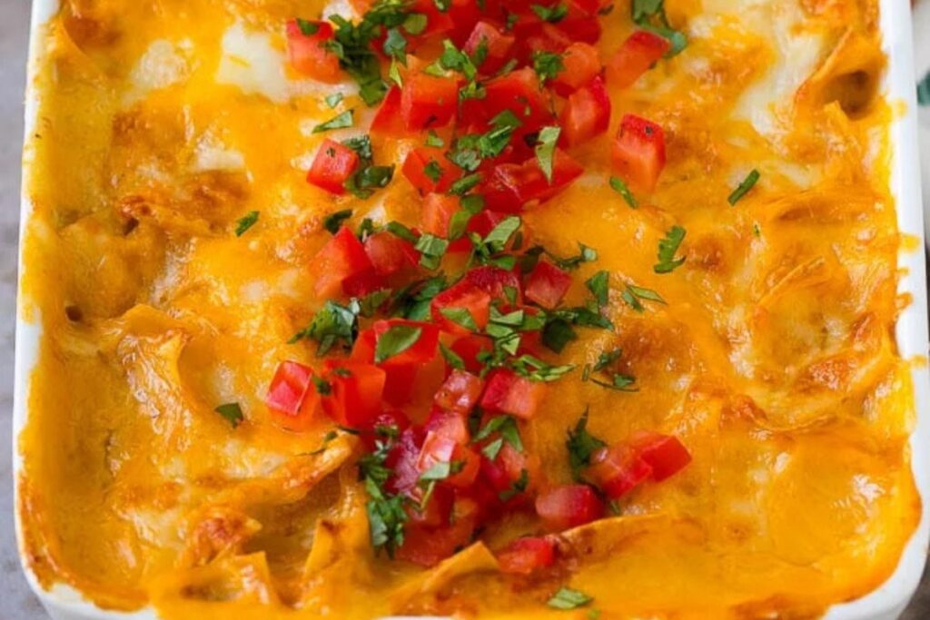 Close-up of King Ranch chicken in a baking dish.