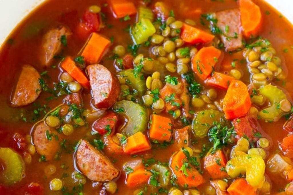 Close-up shot of lentil soup with sausage, carrots, celery, and tomatoes.