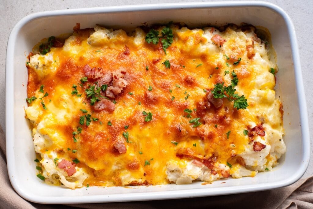 Loaded Cauliflower Casserole in a baking dish.