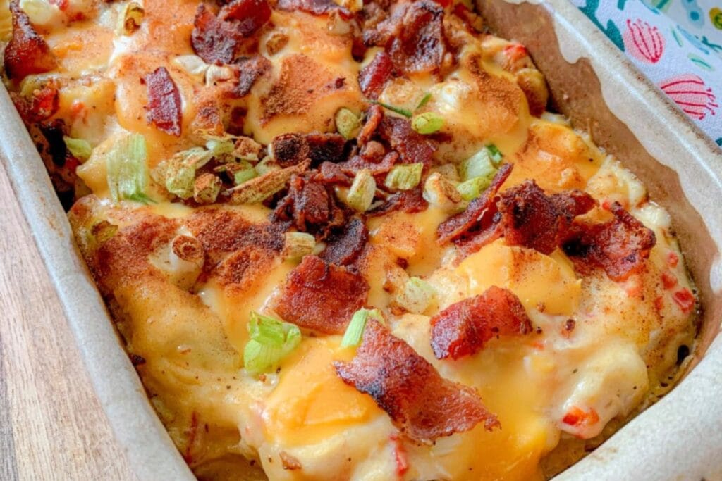 Loaded Potato Bake in a baking dish.