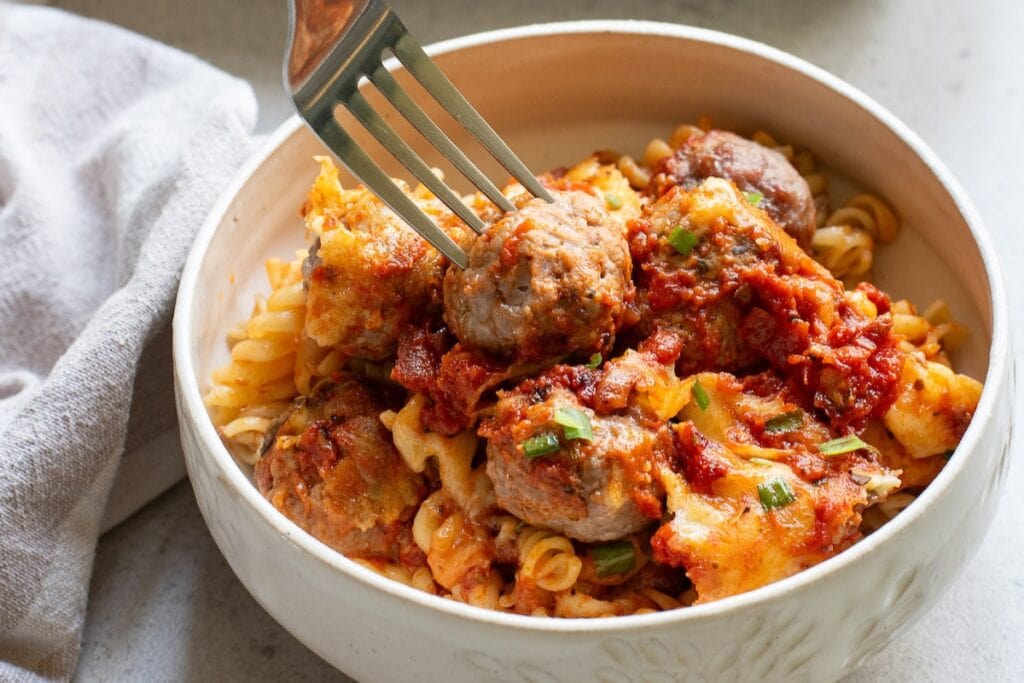 Meatball casserole served in a bowl.