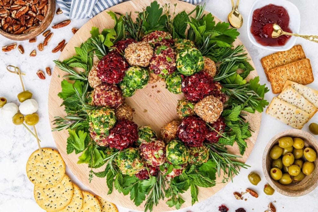 A close up shot of cheeseball wreath.