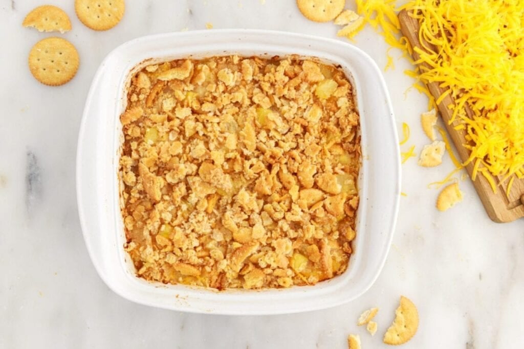 Pineapple casserole in a baking dish.
