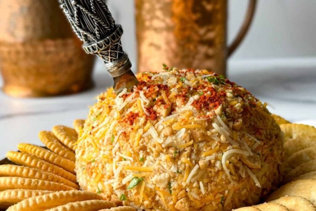 Pineapple cheese ball on a plate surrounded by crackers.