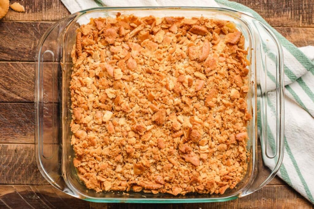 Ritz cracker chicken casserole in a glass baking dish.