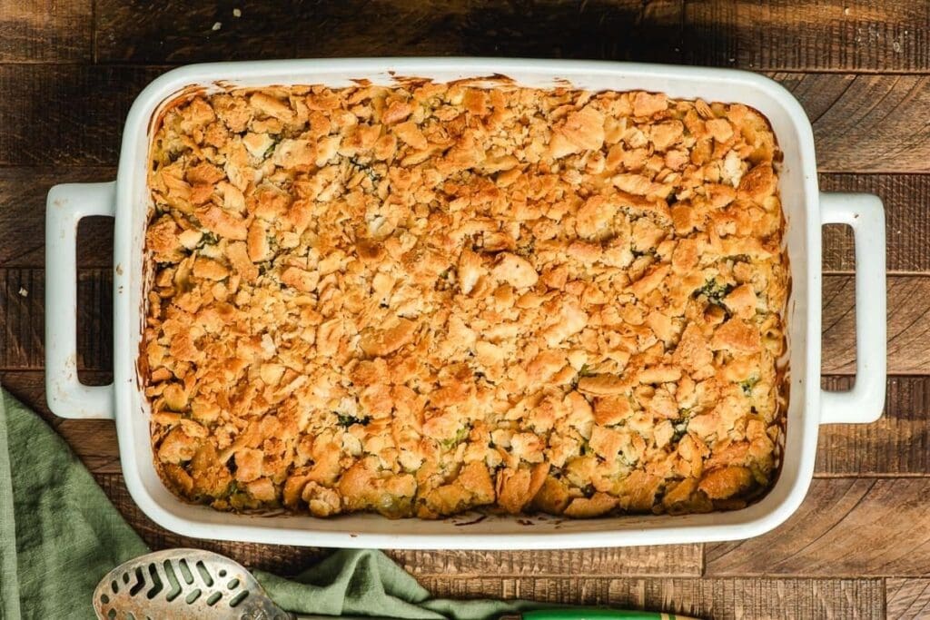 Roasted Broccoli Cheese Casserole in a baking dish.