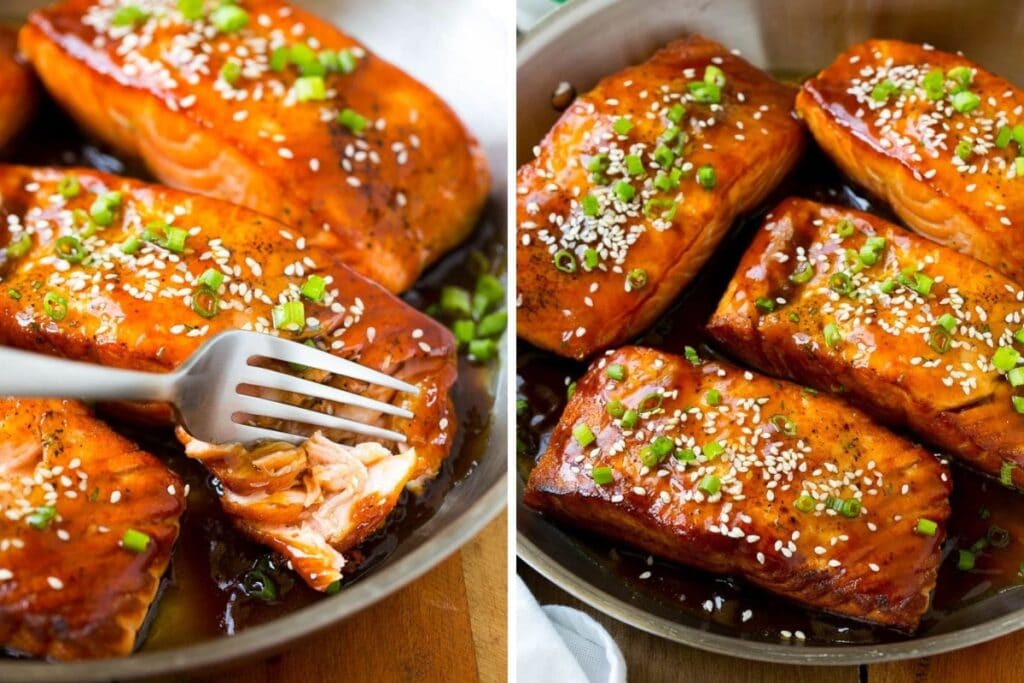 Salmon teriyaki close up on a plate.