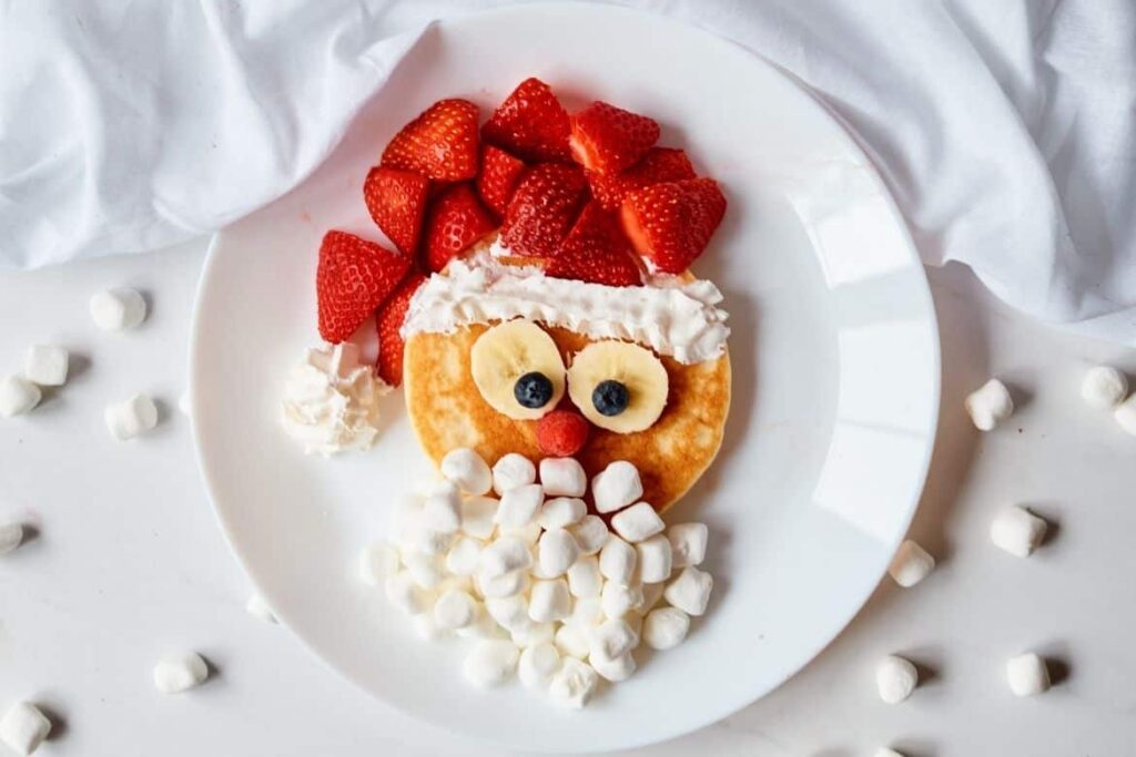 santa pancakes on plate.