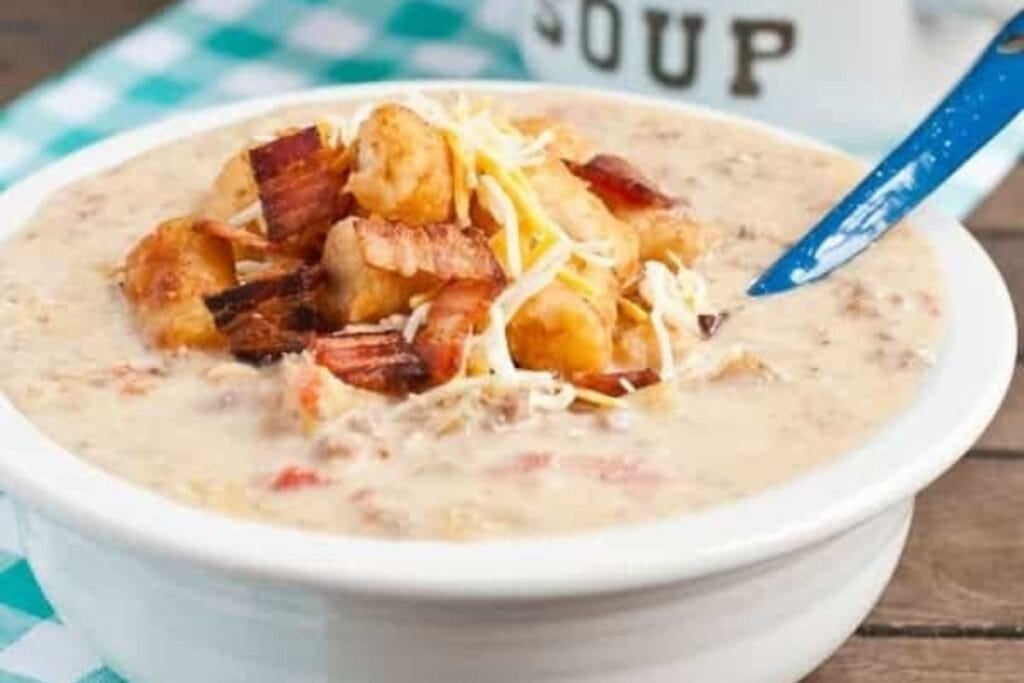 Slow cooker cheeseburger soup in a bowl.