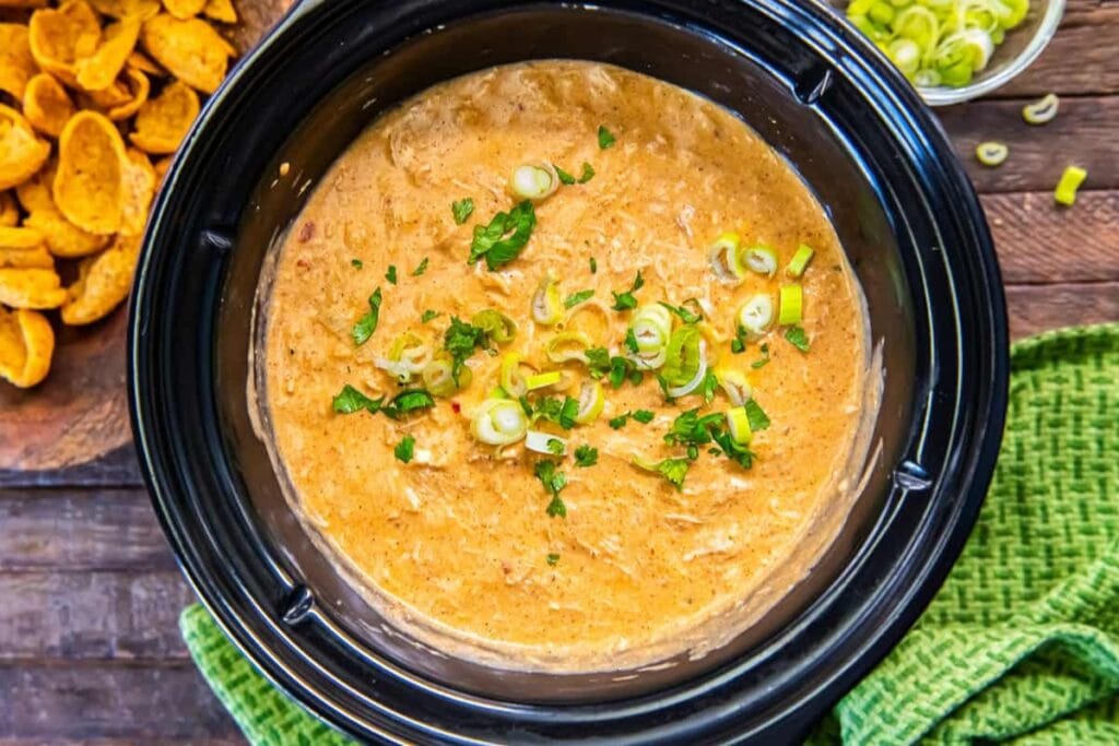 Chicken enchilada dip in a crockpot.