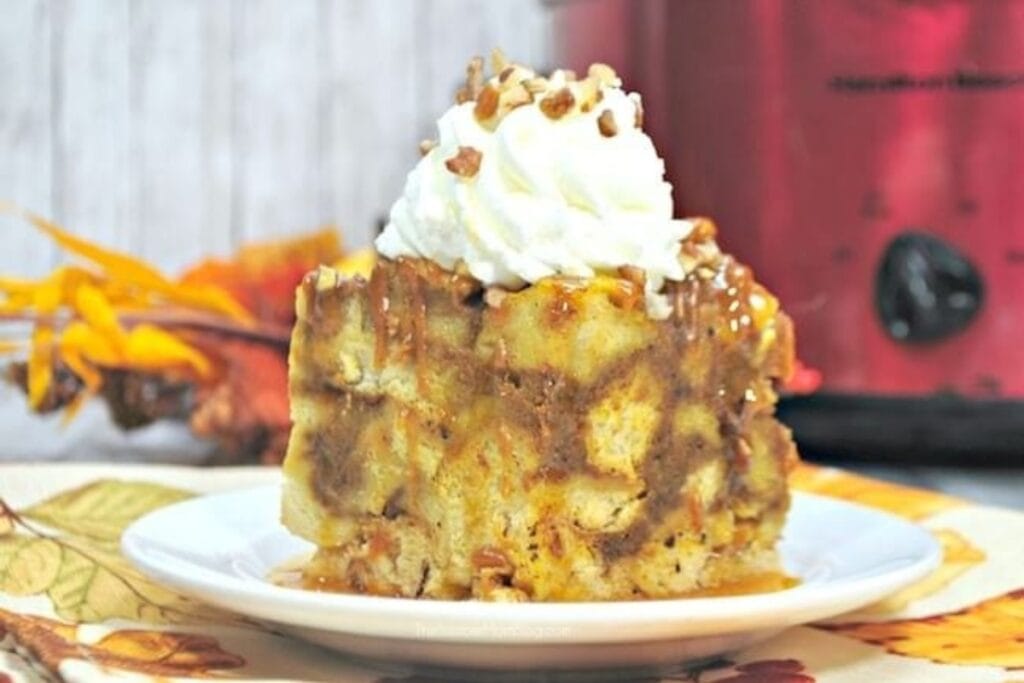 Slice of slow cooker fall French toast casserole on a plate.