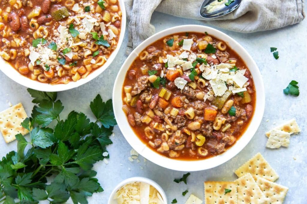 Slow cooker hamburger minestrone served in a bowl.