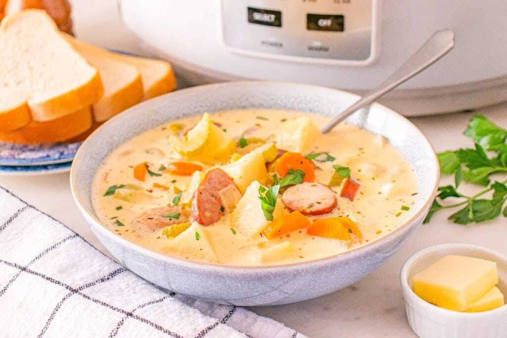 Slow cooker kielbasa potato soup in a bowl.