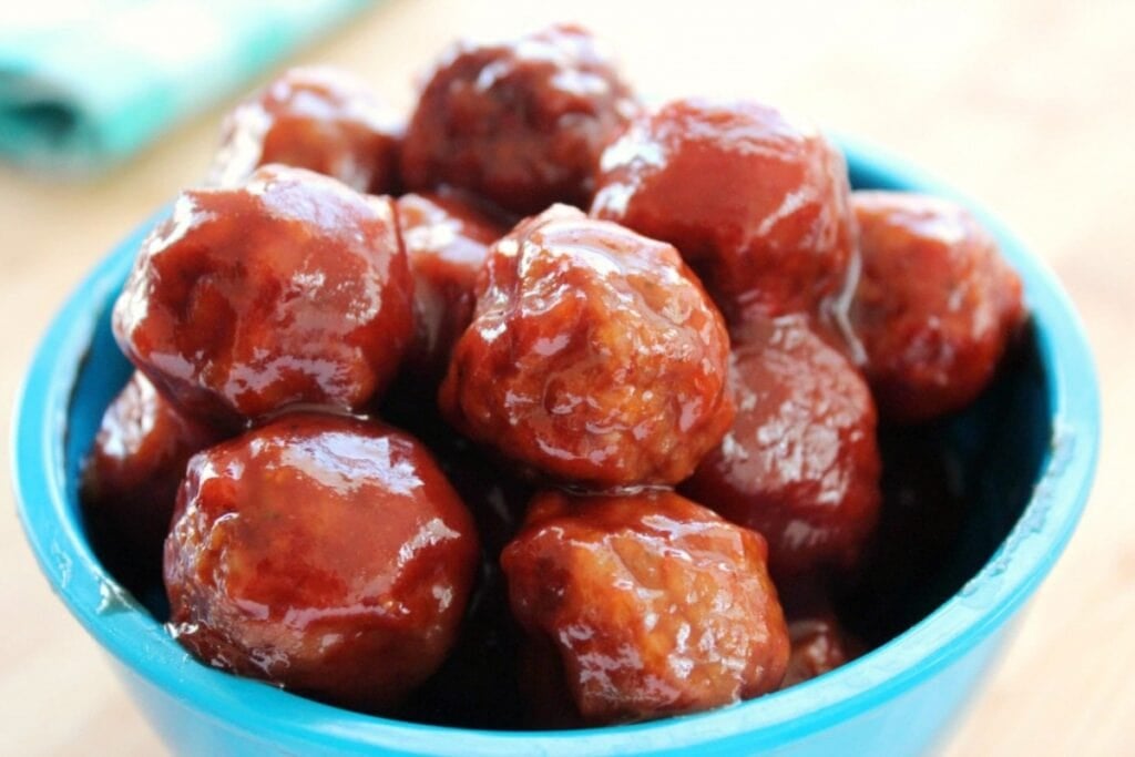Slow cooker party meatballs in a bowl.