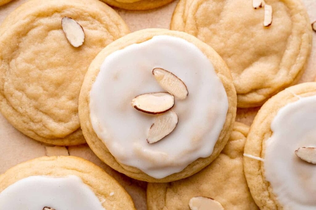Top view of soft almond sugar cookies.
