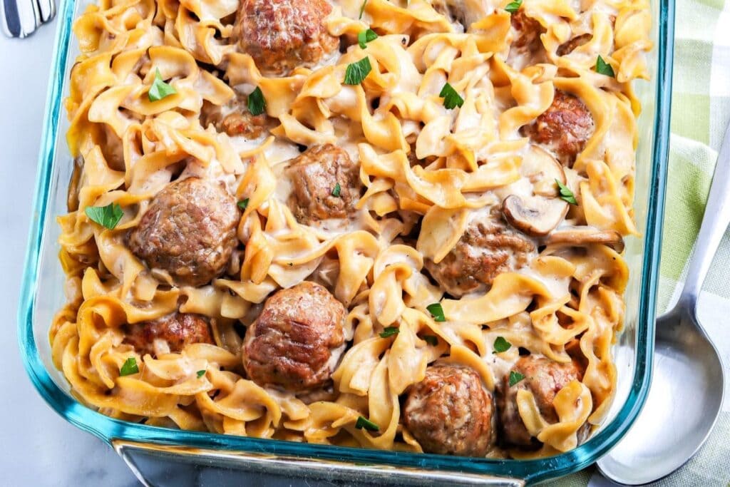 Swedish meatball casserole in a baking dish.