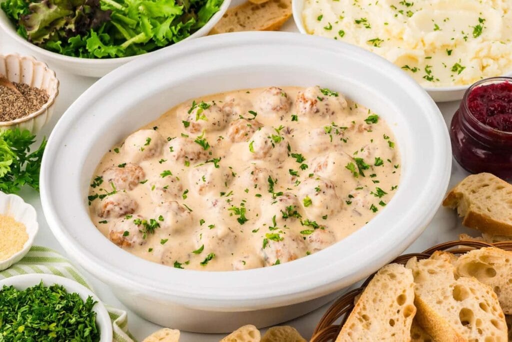 Swedish meatballs in a creamy sauce inside a slow cooker.