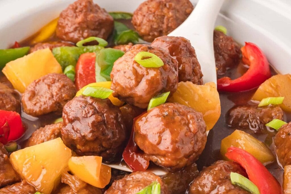 Close-up sweet and sour meatballs.